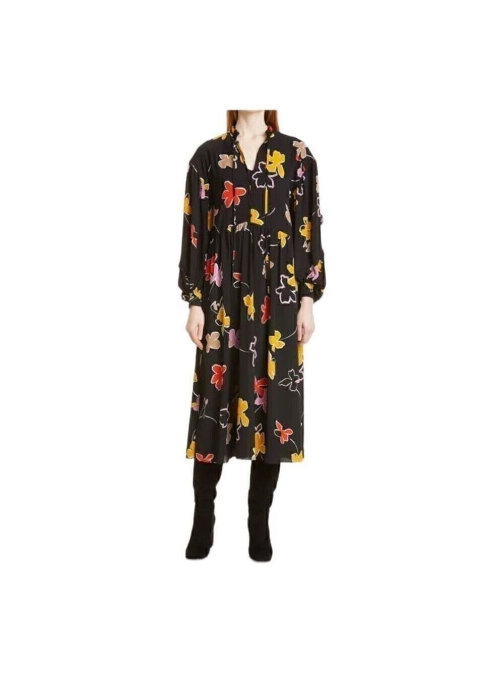 Ted Baker Yviee Chuck Ruffle Long Sleeve Floral Midi Dress Size 1, US 4